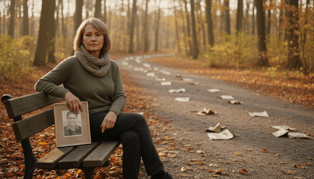 An evocative portrayal of a woman navigating the emotional journey of widowhood. In the foreground, depict a middle-aged woman in modest casual clothing, her expression a blend of sorrow and hope as she sits on a park bench surrounded by autumn leaves, symbolizing change. In the middle ground, capture a winding path with scattered photographs of memories, fading into the distance. In the background, soft, blurred trees represent the passage of time and isolation. Use warm, golden-hour lighting to create a nostalgic yet serene atmosphere, highlighting the contrast between loneliness and the possibility of healing. The angle should be slightly elevated, focusing on both the woman and the path ahead, inviting contemplation and reflection.