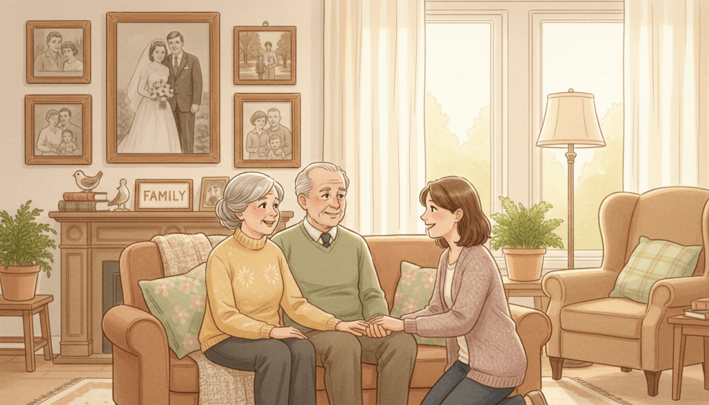 An illustration capturing the life stages and changing needs of elderly parents, set indoors in a warm, inviting living room. In the foreground, a thoughtful elderly couple interacts with their adult child, emphasizing emotional connection and support. The couple, dressed in modest casual clothing, displays expressions of joy and reflection, symbolizing different life stages. In the middle ground, framed pictures on the walls represent their life journey, from youth to old age. The background features soft, warm lighting that enhances the cozy atmosphere, with potted plants and family mementos adding warmth. The scene conveys a mood of companionship and understanding, highlighting the importance of communication as elderly needs evolve over time. The angle is slightly angled downward to create an intimate perspective on the family dynamic.
