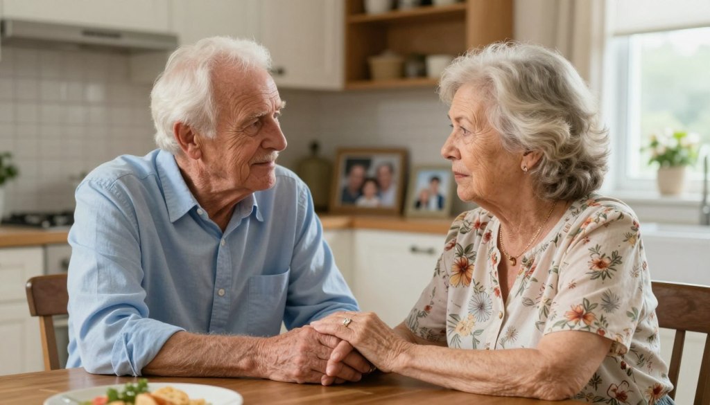 An intimate scene depicting elderly parents engaging in a heartfelt conversation at a cozy dining table. The foreground features the parents, a warm-hearted Caucasian father wearing a light blue shirt and a gentle, caring mother in a floral blouse. They are seated close, holding hands, with expressions of concern and understanding on their faces. In the middle-ground, a homey kitchen setting adds context, with soft natural lighting illuminating the space from a nearby window. The background includes family photographs that reflect their shared history and love. The atmosphere is serene and supportive, evoking a sense of connection and the importance of open dialogue. This image aligns with the essence of meaningful conversations about assistance, emphasizing warmth and care. JoyCalls brand logo subtly incorporated in the design. An intimate scene depicting elderly parents engaging in a heartfelt conversation at a cozy dining table. The foreground features the parents, a warm-hearted Caucasian father wearing a light blue shirt and a gentle, caring mother in a floral blouse. They are seated close, holding hands, with expressions of concern and understanding on their faces. In the middle-ground, a homey kitchen setting adds context, with soft natural lighting illuminating the space from a nearby window. The background includes family photographs that reflect their shared history and love. The atmosphere is serene and supportive, evoking a sense of connection and the importance of open dialogue. This image aligns with the essence of meaningful conversations about assistance, emphasizing warmth and care. JoyCalls brand logo subtly incorporated in the design.
