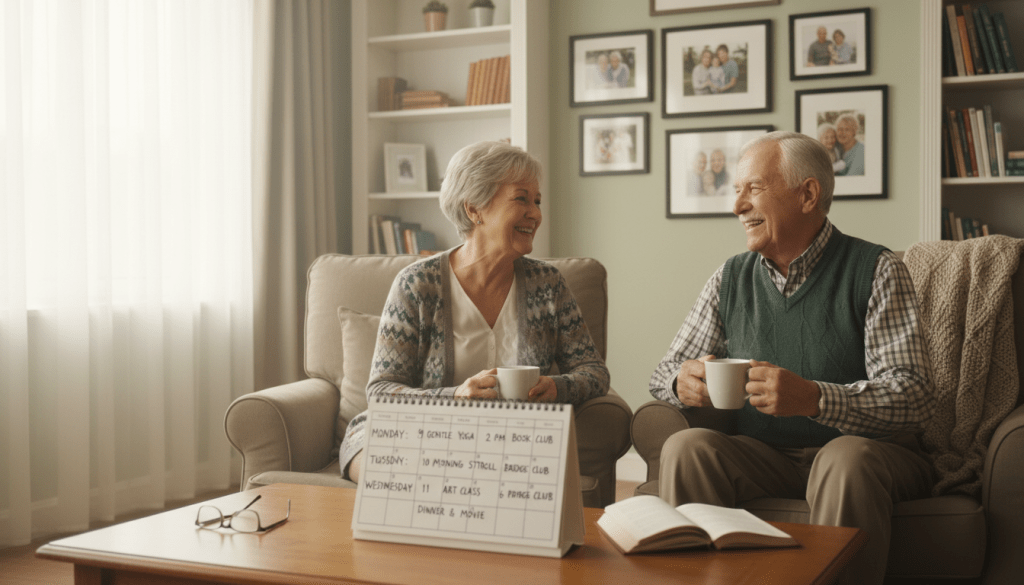 An inviting and warm setting depicting a structured daily routine for seniors, showcasing a cozy living room with a large window letting in soft, natural light. In the foreground, two seniors—one man and one woman—are engaged in a friendly conversation over tea, both dressed in modest casual clothing. The middle ground features a calendar on a coffee table with scheduled activities such as exercise, reading, and social games, symbolizing connection and engagement. In the background, a wall adorned with family photos and a bookshelf filled with books creates a homely atmosphere. The mood is serene and uplifting, reflecting a sense of community and connection among seniors. The image should be captured with a shallow depth of field, emphasizing the warm interactions in the foreground while slightly blurring the background details.