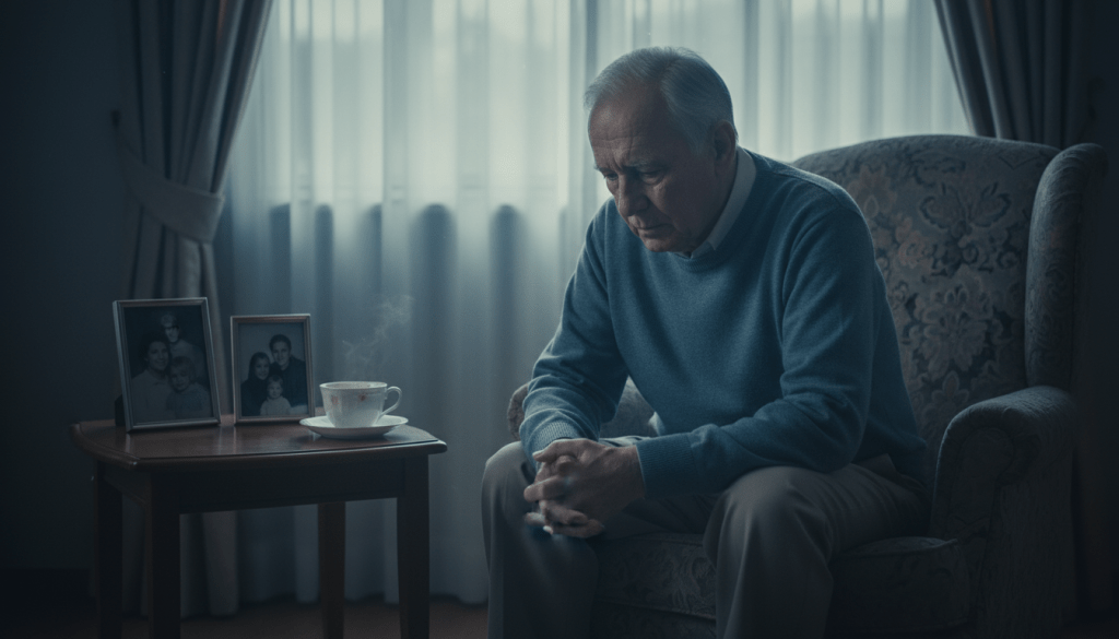 An older adult man sitting alone in a softly lit living room, his expression reflecting a sense of deep contemplation and sadness. In the foreground, he is slouched slightly in a cozy armchair, wearing modest, comfortable clothing. The middle ground features a small table beside him with an untouched cup of tea and a few family photos, hinting at isolation. The background reveals a dimly lit window with drawn curtains, filtering in a soft, muted light that casts gentle shadows. The atmosphere is somber yet serene, evoking feelings of loneliness and introspection, with a cool color palette to enhance the mood. The overall composition emphasizes the gravity of depressive symptoms in older adults without any distractions. An older adult man sitting alone in a softly lit living room, his expression reflecting a sense of deep contemplation and sadness. In the foreground, he is slouched slightly in a cozy armchair, wearing modest, comfortable clothing. The middle ground features a small table beside him with an untouched cup of tea and a few family photos, hinting at isolation. The background reveals a dimly lit window with drawn curtains, filtering in a soft, muted light that casts gentle shadows. The atmosphere is somber yet serene, evoking feelings of loneliness and introspection, with a cool color palette to enhance the mood. The overall composition emphasizes the gravity of depressive symptoms in older adults without any distractions.