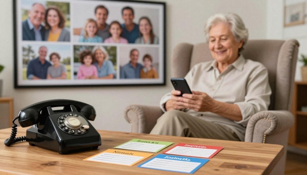 An organized and comforting scene depicting an "elderly parent contact network" to convey connectivity and security. In the foreground, a warm-toned wooden table displays a vintage phone alongside colorful index cards labeled with names and contact information. In the middle ground, a smiling elderly person sits in a cozy armchair, dressed in modest casual clothing, holding a phone, looking reassured. Around them, a family photo collage with smiling faces and cheerful moments serves as a backdrop, symbolizing a supportive community. Soft, natural lighting enhances a welcoming atmosphere, giving a sense of safety and tranquility. The composition is inviting and professional, with the brand name "JoyCalls" subtly integrated on the phone, emphasizing connection. An organized and comforting scene depicting an "elderly parent contact network" to convey connectivity and security. In the foreground, a warm-toned wooden table displays a vintage phone alongside colorful index cards labeled with names and contact information. In the middle ground, a smiling elderly person sits in a cozy armchair, dressed in modest casual clothing, holding a phone, looking reassured. Around them, a family photo collage with smiling faces and cheerful moments serves as a backdrop, symbolizing a supportive community. Soft, natural lighting enhances a welcoming atmosphere, giving a sense of safety and tranquility. The composition is inviting and professional, with the brand name "JoyCalls" subtly integrated on the phone, emphasizing connection.