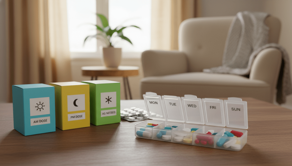An organized table scene featuring an array of colorful pill organizers and neatly packed medication service boxes. In the foreground, a clear plastic weekly pill organizer with compartments for different days, filled with assorted colored pills, sits next to a few vibrant medication packs labeled with dosage information. In the middle ground, a soft-focus background shows a cozy living room setting with a comfortable chair, a small potted plant, and warm natural lighting filtering through a nearby window. The mood is calm and reassuring, emphasizing a sense of care and organization. The angle is slightly elevated, allowing a clear view of the pill organizer's details while maintaining a homey atmosphere.