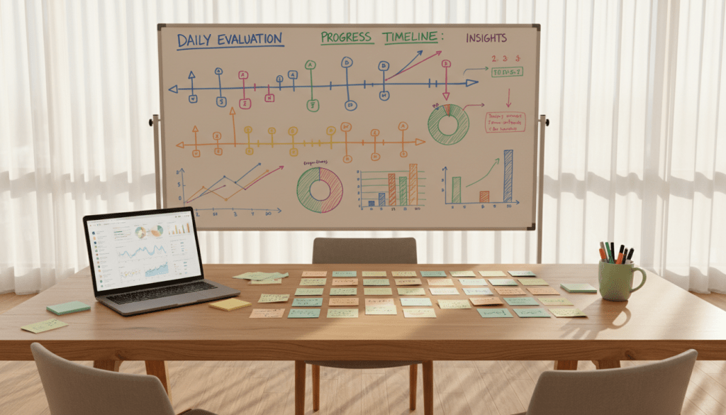An organized workspace featuring a large, wooden desk in the foreground, cluttered with daily check-in notes, colorful sticky notes, and a laptop displaying graphs and patterns of daily activities. In the middle, a large whiteboard filled with colorful charts and diagrams showcasing timelines and patterns of progress. The backdrop reveals a window illuminating the scene with soft, natural sunlight, casting gentle shadows to create an inviting atmosphere. The color palette consists of warm and calming tones, such as light browns and soft greens, enhancing the overall productivity vibe. The mood is focused and reflective, inviting viewers to consider the importance of daily evaluations and the insights derived from them. No people are present in the image, ensuring a clean, professional aesthetic.