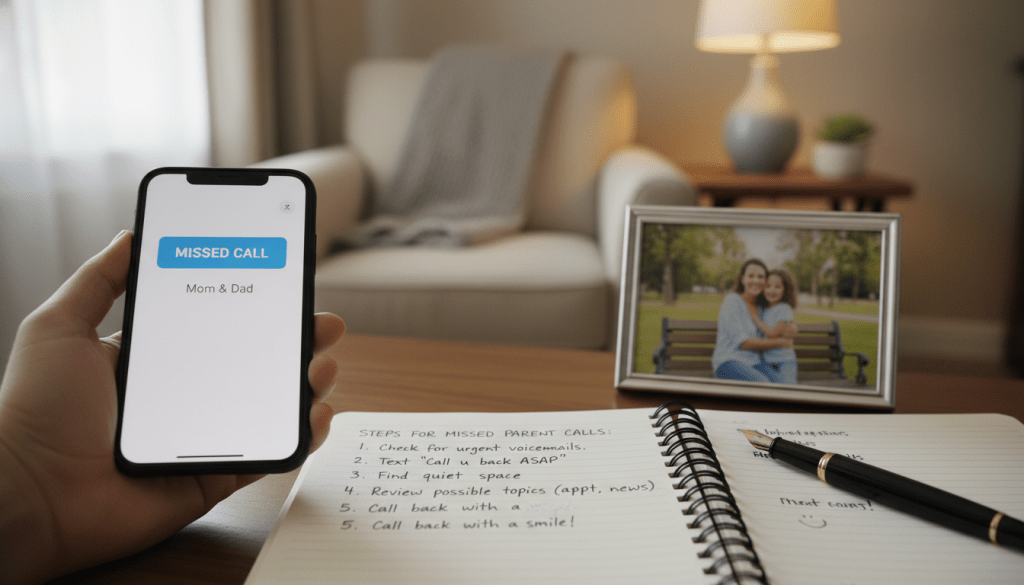 An organized workspace featuring a smartphone displaying missed call notifications, surrounded by a notebook with step-by-step notes for addressing missed calls from parents. In the foreground, a hand is holding the phone, while next to it, a pen rests on the open notebook filled with handwritten tips. In the middle, a family photo frame shows a caring parent and child, adding an emotional touch. The background features soft focus elements like a cozy living room and a warm lamp, creating a welcoming atmosphere. Soft, natural lighting enhances the clarity, while a slight depth of field emphasizes the foreground, promoting a sense of order and reassurance in the situation. The overall mood is calm and supportive.