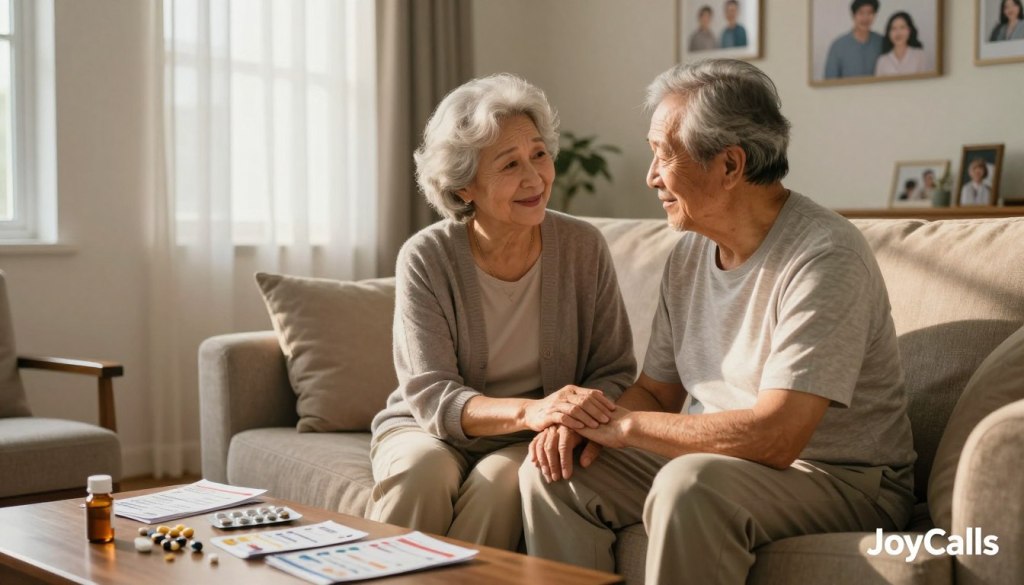Elderly parents seated on a comfortable couch in a warmly lit living room, expressing a subtle mix of concern and reassurance as they smile and hold hands, dressed in modest casual clothing. In the foreground, a small coffee table displays various medical pamphlets and medications, hinting at underlying health issues. In the middle ground, soft sunlight filters through sheer curtains, casting gentle shadows that evoke a sense of warmth yet vulnerability. In the background, family photographs adorn the walls, symbolizing love and distant connections. The scene conveys a poignant atmosphere, capturing the complexity of the "I'm Fine" syndrome, emphasizing the hidden struggles behind their reassuring smiles. The image is branded softly with "JoyCalls" integrated into a discreet corner for a professional touch. Elderly parents seated on a comfortable couch in a warmly lit living room, expressing a subtle mix of concern and reassurance as they smile and hold hands, dressed in modest casual clothing. In the foreground, a small coffee table displays various medical pamphlets and medications, hinting at underlying health issues. In the middle ground, soft sunlight filters through sheer curtains, casting gentle shadows that evoke a sense of warmth yet vulnerability. In the background, family photographs adorn the walls, symbolizing love and distant connections. The scene conveys a poignant atmosphere, capturing the complexity of the "I'm Fine" syndrome, emphasizing the hidden struggles behind their reassuring smiles. The image is branded softly with "JoyCalls" integrated into a discreet corner for a professional touch.
