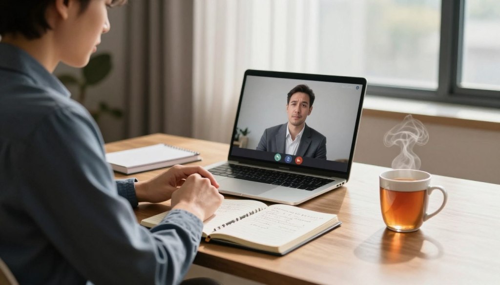 In a softly lit, modern office setting, a professional individual adorned in smart casual attire sits at a sleek wooden desk. The foreground features an open notebook filled with handwritten notes and a mug of steaming tea. In the middle, a laptop displays a video call interface, hinting at an upcoming conversation. The background showcases a large window with gentle sunlight filtering through sheer curtains, casting warm shadows. The overall atmosphere is calming yet focused, reflecting the tension and anticipation of preparing for a tricky discussion. The branding "JoyCalls" is subtly integrated into the scene, perhaps as a logo on the laptop screen. The image evokes a sense of preparation, empathy, and professionalism, ideal for conveying the theme of difficult conversations. In a softly lit, modern office setting, a professional individual adorned in smart casual attire sits at a sleek wooden desk. The foreground features an open notebook filled with handwritten notes and a mug of steaming tea. In the middle, a laptop displays a video call interface, hinting at an upcoming conversation. The background showcases a large window with gentle sunlight filtering through sheer curtains, casting warm shadows. The overall atmosphere is calming yet focused, reflecting the tension and anticipation of preparing for a tricky discussion. The branding "JoyCalls" is subtly integrated into the scene, perhaps as a logo on the laptop screen. The image evokes a sense of preparation, empathy, and professionalism, ideal for conveying the theme of difficult conversations.