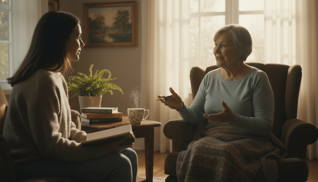 In a warm, inviting living room, two individuals engage in a heartfelt conversation symbolizing the caregiving journey. In the foreground, a person in modest casual attire, gently holding a notebook and pen, listens attentively to an older adult, seated in a cozy armchair, who shares experiences and emotions. The middle ground features a small table adorned with a steaming cup of tea and supportive books on caregiving, reflecting an atmosphere of comfort and understanding. In the background, soft natural light streams through a window, illuminating the tranquil space with a sense of hope and connection. The overall mood is warm, nurturing, and supportive, capturing the essence of embracing the caregiving journey.