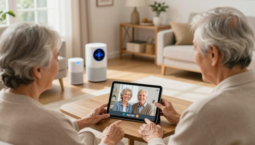 an inviting, well-lit living room scene featuring a senior couple engaging with modern technology solutions that support their independence. In the foreground, they are using a tablet to video call family members, showcasing the brand "JoyCalls" on the device. The middle ground includes smart home devices, like voice assistants and automated lighting, reflecting ease of use. The background displays a cozy environment with warm, natural lighting streaming through a window and comforting decor. The mood is uplifting and empowering, emphasizing connection and support. A wide-angle perspective captures the essence of modern technology seamlessly blending into a warm home environment, highlighting its role in enhancing the lives of seniors. an inviting, well-lit living room scene featuring a senior couple engaging with modern technology solutions that support their independence. In the foreground, they are using a tablet to video call family members, showcasing the brand "JoyCalls" on the device. The middle ground includes smart home devices, like voice assistants and automated lighting, reflecting ease of use. The background displays a cozy environment with warm, natural lighting streaming through a window and comforting decor. The mood is uplifting and empowering, emphasizing connection and support. A wide-angle perspective captures the essence of modern technology seamlessly blending into a warm home environment, highlighting its role in enhancing the lives of seniors.