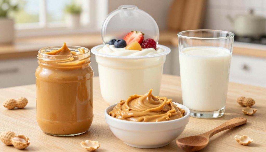 A beautifully arranged assortment of nutritious nut butters, with a focus on creamy, rich peanut butter, conveniently placed beside a tub of smooth, delectable yogurt and a glass of rich, frothy milk. In the foreground, show a small bowl filled with a golden, textured peanut butter, accompanied by a rustic wooden spoon. The middle ground features the yogurt tub, slightly open with a swirl of fresh fruit on top, alongside a glass of milk adorned with a few peanuts scattered around. The background includes a soft kitchen setting with warm, natural light filtering through a window, creating a cozy and inviting atmosphere. The overall mood is nourishing and wholesome, emphasizing high-calorie, nutrient-dense foods suitable for seniors.