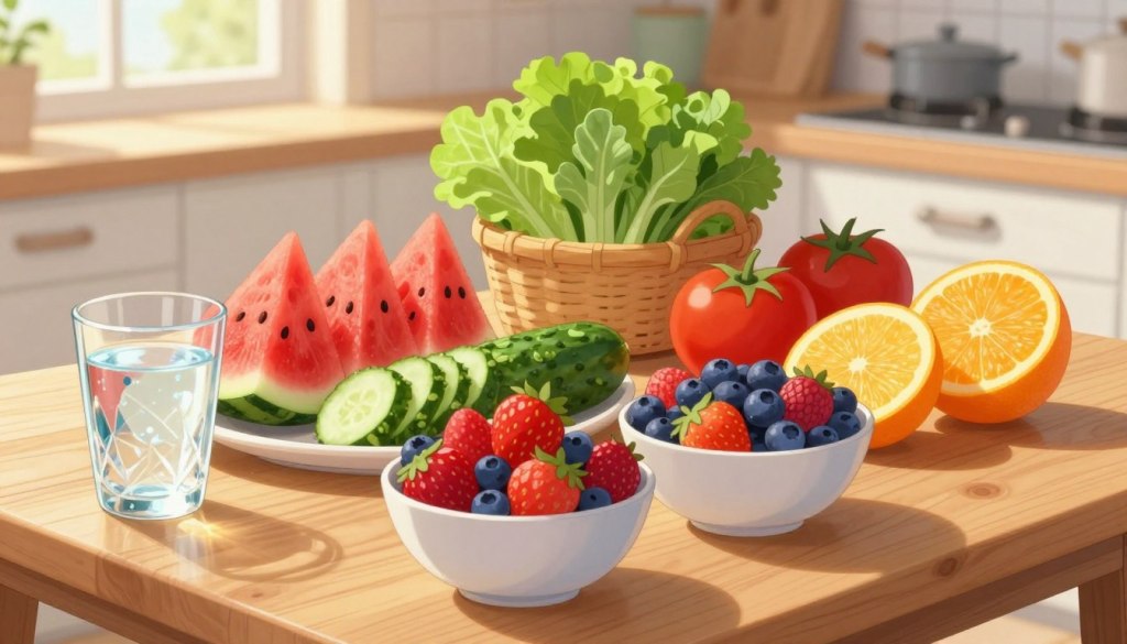 A beautifully arranged display of high water content foods on a wooden kitchen table, featuring vibrant slices of watermelon, cucumber, and orange, alongside a refreshing bowl of mixed berries like strawberries and blueberries. In the foreground, a crystal-clear glass of water sparkles in the soft, natural morning light. The middle ground showcases a small basket overflowing with fresh, leafy greens and a few ripe tomatoes. In the background, there’s a faint glimpse of a sunny kitchen window, enhancing the warm, inviting atmosphere. The overall scene should convey a sense of health and vitality, with gentle, soft lighting that emphasizes the freshness of the foods. The angle should be slightly overhead, capturing the abundance of hydration-rich ingredients.