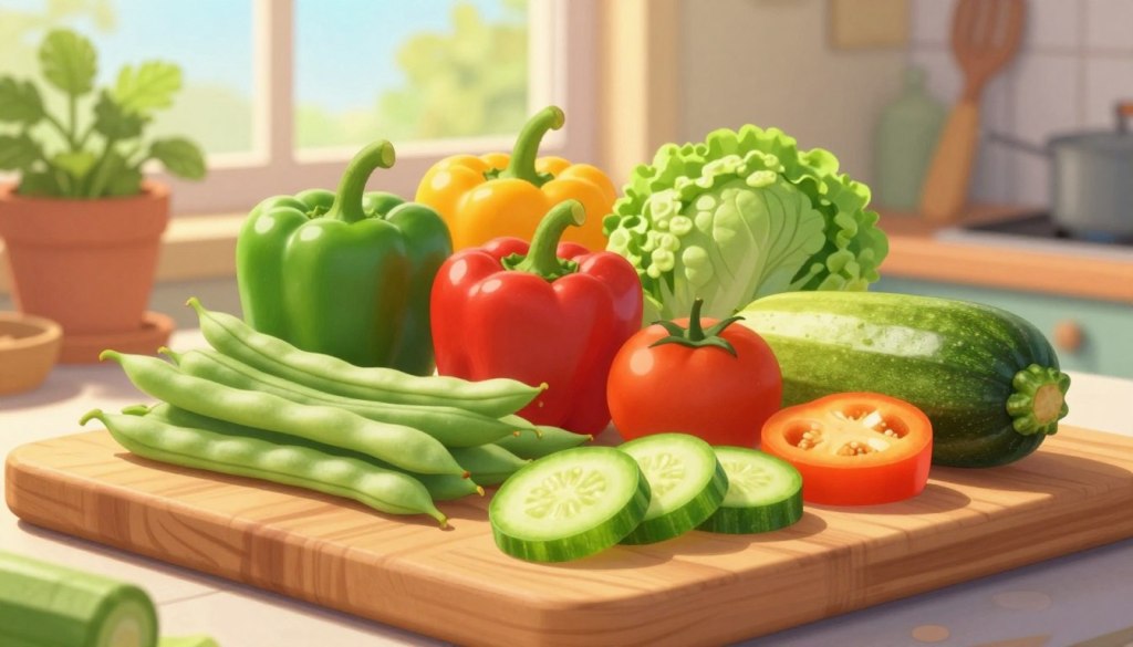 A beautifully arranged display of low-potassium vegetables, showcasing a variety of fresh produce like green beans, bell peppers, and zucchini in vibrant colors. The foreground features a well-lit, wooden cutting board with a few sliced vegetables artfully placed. In the middle ground, a natural light source filters through a window, casting a warm glow over the vegetables, enhancing their colors. Behind the arrangement, soft-focus kitchen elements add context without distraction, like potted herbs and kitchen utensils in gentle hues. The overall mood is inviting and wholesome, reflecting a friendly, healthy approach to cooking. The composition is balanced, ensuring each vegetable is highlighted without overcrowding, all captured with a slightly elevated angle for an inviting perspective.