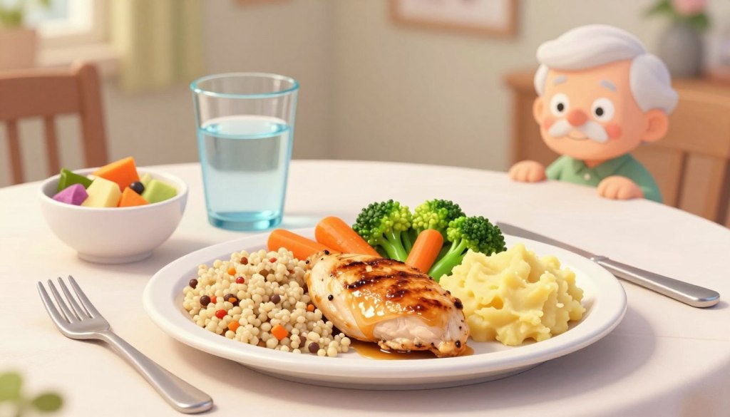 A beautifully arranged high-impact meal specifically designed for seniors, featuring a colorful plate with protein-rich foods such as tender grilled chicken, soft-cooked quinoa, steamed vegetables including carrots and broccoli, and a side of mashed sweet potatoes. The foreground highlights the meal on a neat table setting with a simple white tablecloth. The middle ground includes a glass of water and a small bowl of fruit salad, while the background shows a cozy dining room with soft, warm lighting, and subtle floral decor. The image conveys a welcoming and appetizing atmosphere, inviting viewers to appreciate the nourishment and care in the meal. A close-up angle emphasizes the food's textures and colors, ensuring the depiction is friendly and wholesome.