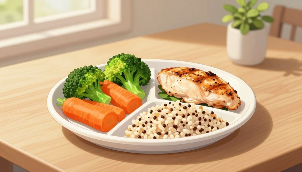 A beautifully arranged, minimalist dinner plate showcasing the Simple Plate Method for balanced meals. The plate is divided into three sections: one-third filled with colorful, steamed vegetables like broccoli and carrots, another third featuring lean protein such as grilled chicken or fish, and the final section containing whole grains like quinoa or brown rice. Set against a softly lit wooden table, with natural light filtering through a nearby window, creating a warm and inviting atmosphere. In the background, a small vase with fresh herbs adds a touch of greenery. The focus is sharp on the plate, capturing the vibrant colors and textures, while the background is gently blurred to emphasize the meal's healthy components. The overall mood is calm, encouraging a mindful approach to dining.