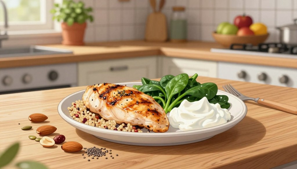 A beautifully arranged plate of diverse protein sources suitable for seniors, featuring grilled chicken breast, cooked quinoa, vibrant green spinach, and creamy Greek yogurt. In the foreground, colorful nuts and seeds such as almonds and chia seeds are artfully scattered. The middle ground showcases a light-filled kitchen counter with a rustic wooden texture, enhancing the homely feel of healthy eating. In the background, soft-focus kitchen elements like a potted herb plant and a bowl of fresh fruits add a warm, inviting atmosphere. Natural daylight streams in, creating a bright and uplifting mood, with shadows that softly define the textures of the food. The scene portrays a wholesome approach to nutrition without any distractions or text overlays.