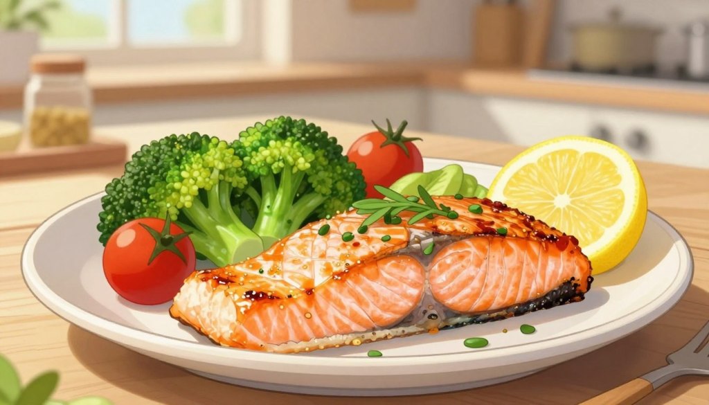 A beautifully arranged plate of grilled salmon fillet garnished with fresh herbs and a slice of lemon, showcased in the foreground. Accompanying the salmon are colorful vegetables, including steamed broccoli and cherry tomatoes, arranged in an inviting manner. The background features a softly blurred kitchen table setting with natural light streaming in, creating a warm and inviting atmosphere. The lighting is bright and natural, highlighting the texture of the salmon and the vibrant colors of the vegetables, while maintaining a soft focus on the background. The overall mood is wholesome and heart-healthy, emphasizing the benefits of incorporating omega-3 rich meals into daily diets.