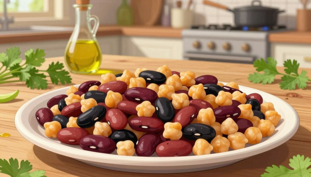 A beautifully arranged plate showcasing an enticing mix of cooked beans and chickpeas, artistically displayed in the foreground. The beans, in varying shades of kidney red, black, and pinto, intermingle with golden chickpeas, creating a vivid mosaic of colors. The middle ground features a rustic wooden table layered with fresh herbs, such as parsley and cilantro, and a drizzle of olive oil, enhancing the inviting feel. In the blurred background, a cozy kitchen setting with soft, natural lighting emanates warmth, while a few cooking utensils hint at a culinary atmosphere. The composition is shot from a slightly elevated angle, capturing the details of the legumes, and evoking a sense of wholesome nutrition and comfort, ideal for nutritious, high-protein meals. A beautifully arranged plate showcasing an enticing mix of cooked beans and chickpeas, artistically displayed in the foreground. The beans, in varying shades of kidney red, black, and pinto, intermingle with golden chickpeas, creating a vivid mosaic of colors. The middle ground features a rustic wooden table layered with fresh herbs, such as parsley and cilantro, and a drizzle of olive oil, enhancing the inviting feel. In the blurred background, a cozy kitchen setting with soft, natural lighting emanates warmth, while a few cooking utensils hint at a culinary atmosphere. The composition is shot from a slightly elevated angle, capturing the details of the legumes, and evoking a sense of wholesome nutrition and comfort, ideal for nutritious, high-protein meals.