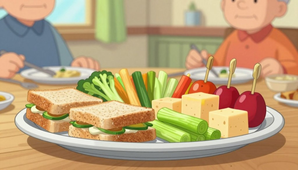 A beautifully arranged platter of colorful finger foods ideal for seniors, featuring bite-sized items like mini sandwiches, fresh vegetable sticks, cheese cubes, and fruit skewers. The foreground showcases a close-up of the platter, emphasizing the textures of the food, such as the crispness of the veggies and the creaminess of the cheese. In the middle, a soft-focus background contains an inviting dining setting, with gentle natural light illuminating the scene, creating a warm, welcoming atmosphere. The composition should evoke a sense of ease and comfort, perfect for encouraging seniors to enjoy their meals. The colors should be vibrant yet soothing, enhancing the overall mood of simplicity and accessibility.