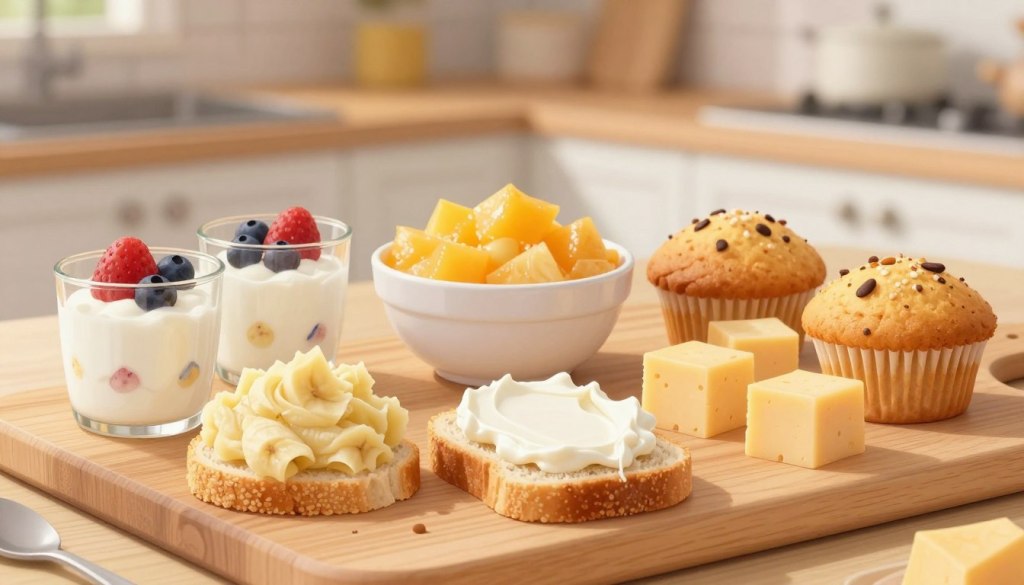 A beautifully arranged selection of soft, easy-to-chew snacks designed for older adults facing dental or swallowing challenges. In the foreground, display a variety of snacks such as yogurt parfaits, mashed banana, cream cheese spread on soft bread, and soft cheese cubes, presented on a light-colored wooden board. In the middle, include a small bowl of pureed fruit and a few bite-sized muffins. The background features a softly blurred kitchen setting with gentle, warm lighting that adds a cozy and inviting atmosphere. Use a shallow depth of field to emphasize the snacks, capturing the textures and colors of the food. Aim for a friendly, approachable mood, evoking comfort and nourishment.