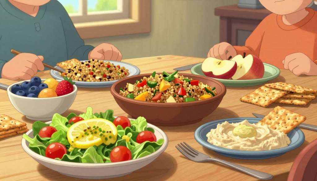 A beautifully arranged table filled with kidney-friendly meals and snacks designed for seniors, showcasing a colorful variety of dishes. In the foreground, a vibrant salad with fresh greens, cherry tomatoes, and a lemon vinaigrette, accompanied by whole-grain crackers and hummus. Nearby, a bowl of mixed fruits like blueberries, strawberries, and slices of apple adds a pop of color. In the middle, a warm quinoa and vegetable stir-fry, served in a rustic bowl, emphasizes healthy yet appetizing options. The background features soft, natural lighting filtered through a nearby window, casting a warm glow on the scene, suggesting a cozy mealtime atmosphere. The composition conveys friendliness and approachability, inviting seniors to enjoy nutritious, appealing food choices.