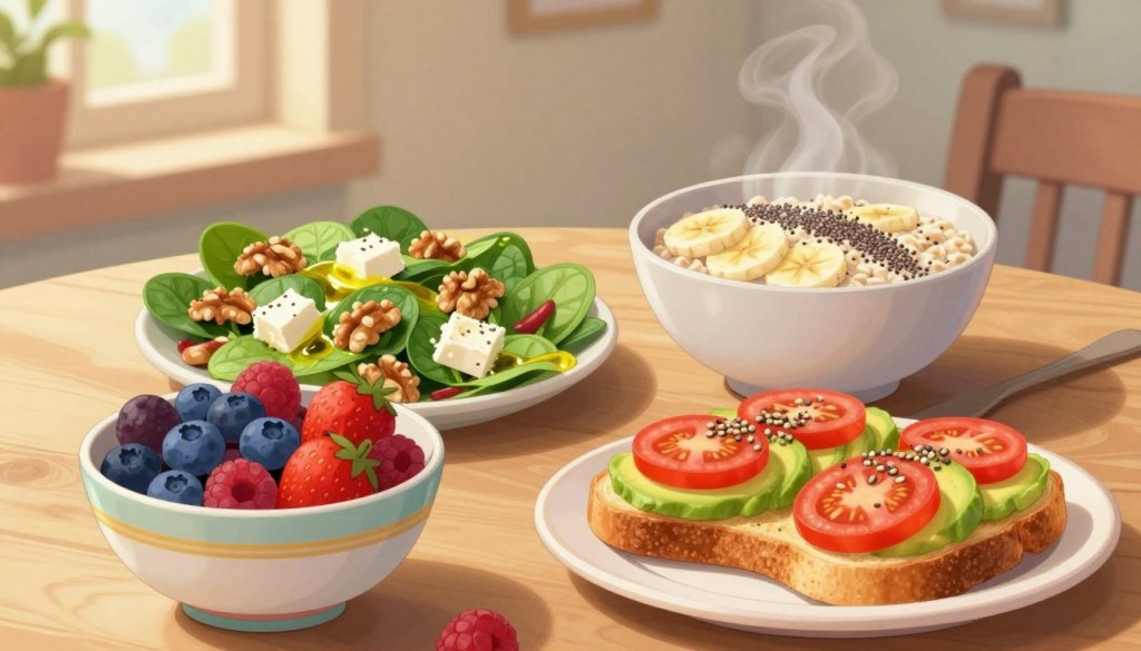 A beautifully arranged table set for a healthy meal, featuring an array of brain-boosting foods. In the foreground, a colorful bowl of mixed berries (blueberries, strawberries, and raspberries) alongside a plate of avocado toast topped with sliced tomatoes and a sprinkle of seeds. In the middle, a vibrant salad with spinach, walnuts, and feta cheese, drizzled with olive oil, is accompanied by a steaming bowl of oatmeal garnished with banana slices and chia seeds. The background includes a gentle sunlight filtering through a window, casting soft shadows and creating a warm, inviting atmosphere. The overall mood is wholesome and nourishing, perfect for promoting brain health in seniors.