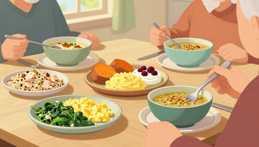 A beautifully arranged table set with various high-protein meals for seniors, including dishes like soft scrambled eggs with spinach, creamy quinoa salad with diced chicken, and blended lentil soup in elegant bowls. In the foreground, a gentle hand reaches for a fork, highlighting the ease of eating. The middle ground showcases colorful side dishes like mashed sweet potatoes and Greek yogurt with berries, all served on simple, senior-friendly dinnerware. The background is softly illuminated by warm, natural light coming through a nearby window, creating a cozy and inviting atmosphere. Emphasize harmony and nutrition in this serene dining setting, ensuring it reflects the theme of easy and healthy meals for seniors, portrayed with a friendly and welcoming mood. A beautifully arranged table set with various high-protein meals for seniors, including dishes like soft scrambled eggs with spinach, creamy quinoa salad with diced chicken, and blended lentil soup in elegant bowls. In the foreground, a gentle hand reaches for a fork, highlighting the ease of eating. The middle ground showcases colorful side dishes like mashed sweet potatoes and Greek yogurt with berries, all served on simple, senior-friendly dinnerware. The background is softly illuminated by warm, natural light coming through a nearby window, creating a cozy and inviting atmosphere. Emphasize harmony and nutrition in this serene dining setting, ensuring it reflects the theme of easy and healthy meals for seniors, portrayed with a friendly and welcoming mood.