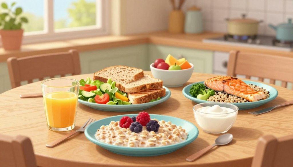A beautifully arranged table showcasing a balanced day of nutrition for older adults. In the foreground, a colorful breakfast plate with oatmeal topped with fresh berries, a glass of orange juice, and a small bowl of yogurt. The middle layer features a hearty lunch with a vibrant salad, whole grain bread, and grilled chicken, accompanied by a small fruit bowl. For dinner, a cozy setting displays baked salmon with steamed vegetables and quinoa. The background includes soft natural lighting filtering through a kitchen window, with herb plants on the windowsill. The entire scene exudes warmth and health, inviting the viewer to appreciate the importance of balanced nutrition. Shot with a soft-focus lens to create a friendly and inviting atmosphere.