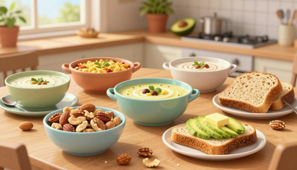 A beautifully arranged table showcasing a variety of high-calorie foods suitable for seniors, featuring creamy soups, rich casseroles, avocados, nuts, and whole-grain bread. The scene is set in a warm, inviting kitchen with gentle, natural lighting pouring in from a window, creating a cozy atmosphere. In the foreground, a bowl overflowing with mixed nuts and a slice of buttered bread with avocado emphasize texture and color. In the background, soft-focus elements like potted plants and kitchen utensils convey a sense of homeliness. The composition captures a feeling of warmth and comfort, highlighting the importance of nutrition for weight gain in older adults, with a visual focus on abundance and health.