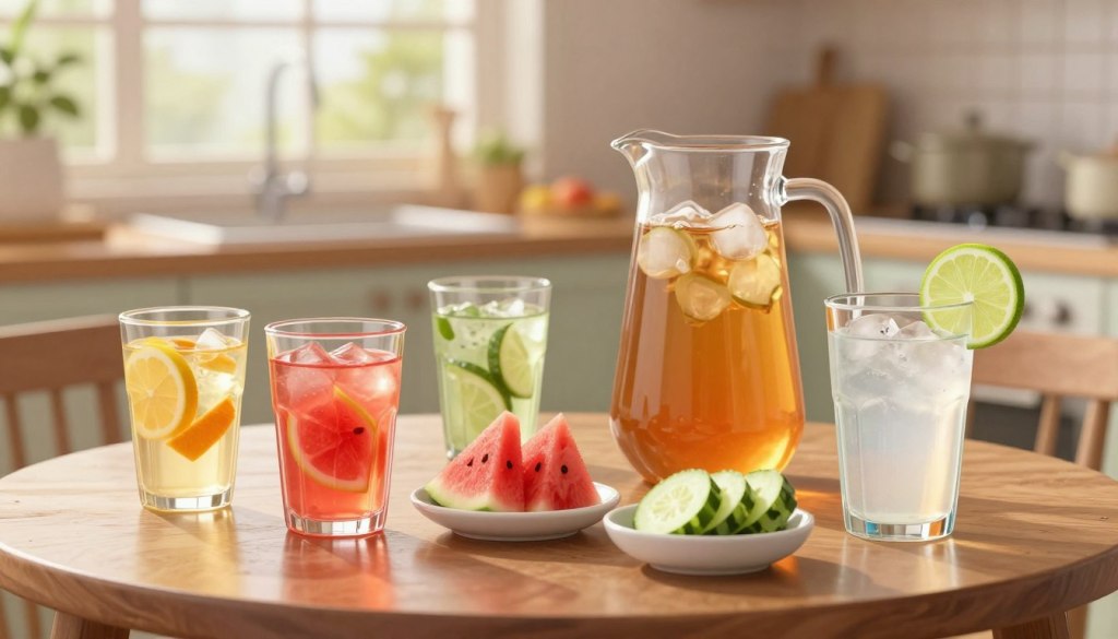 A beautifully arranged table showcasing a variety of hydrating drinks for seniors, featuring vibrant, fresh fruit-infused water in clear glasses, a tall pitcher of herbal iced tea, and small bowls of high-fluid foods like watermelon and cucumber slices. In the foreground, add an elegant glass of coconut water with a slice of lime on the rim. The middle ground should display a soft-focus background of a cozy kitchen, with natural light filtering through a window, creating a warm and welcoming ambiance. Include subtle reflections on the table to enhance realism, and capture the scene with a shallow depth of field to draw attention to the drinks. Aim for a tranquil and inviting atmosphere that emphasizes health and hydration.
