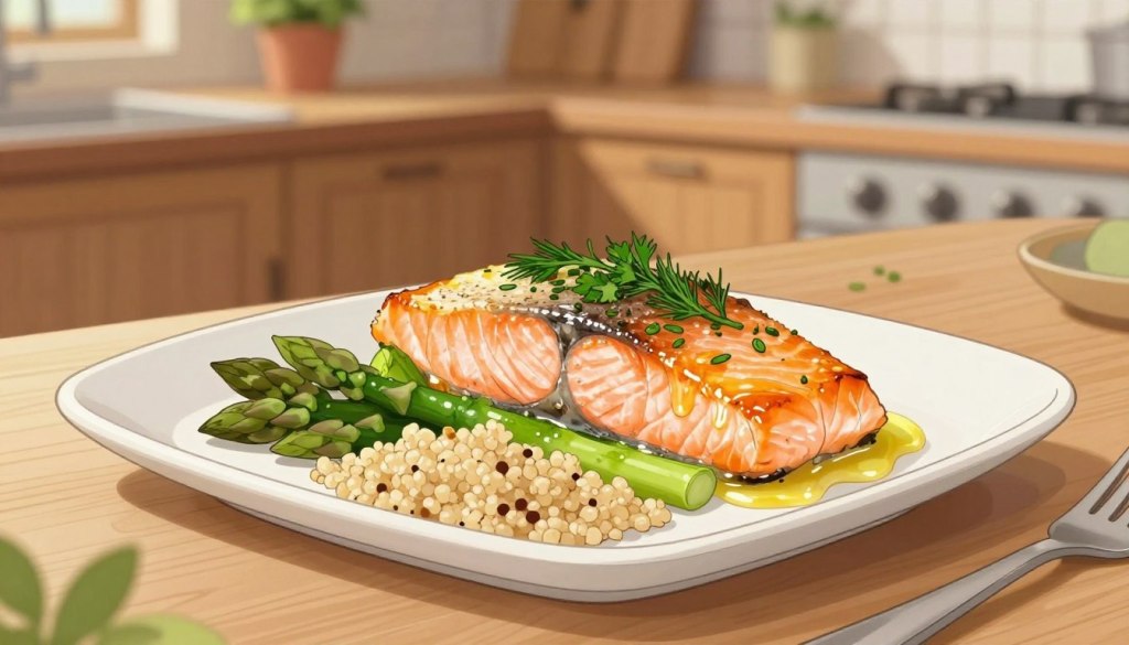 A beautifully plated dinner of salmon fillet, garnished with fresh herbs like dill and parsley, sits on a simple white rectangular plate. The salmon has a golden-brown crust, with a slight glaze of lemon juice, complemented by a side of steamed asparagus and quinoa, vibrant in green and beige colors respectively. In the background, a softly lit kitchen ambiance features warm wooden cabinets and a small potted plant on the countertop, creating a cozy and inviting atmosphere. The lighting is natural and diffused, enhancing the freshness of the ingredients. The angle captures the dish from a slightly elevated perspective, enticing viewers to appreciate the meal's presentation and healthful appeal.