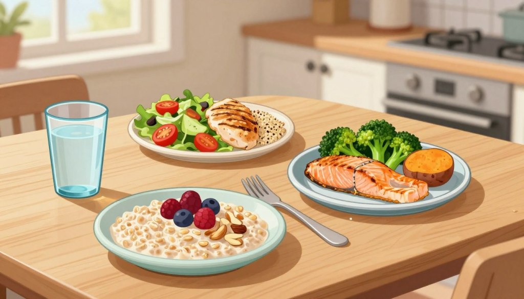 A beautifully presented simple meal plan for a full day of diabetes-friendly eating, displayed on a clean wooden kitchen table. In the foreground, feature a colorful breakfast plate with oatmeal topped with fresh berries and a side of nuts, alongside a glass of water. In the middle, show a lunch plate with grilled chicken, a mixed green salad with cherry tomatoes, and a small serving of quinoa. For dinner, depict a plate with baked salmon, steamed broccoli, and a small sweet potato. In the background, soft natural light streams through a nearby window, casting gentle shadows. The overall atmosphere is warm, inviting, and friendly, perfect for seniors looking for healthy meal options.