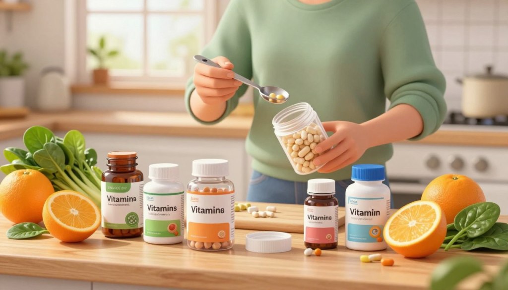A bright and inviting kitchen scene showcasing an assortment of dietary supplements arranged on a wooden countertop. In the foreground, focus on various supplement bottles with clear labels, including vitamins and minerals, surrounded by fresh fruits and vegetables like oranges and spinach to suggest a holistic approach to nutrition. In the middle ground, a pair of hands, wearing modest casual clothing, holds a measuring spoon above a supplement container. In the background, soft natural light filters through a window, illuminating the space and creating a warm, welcoming atmosphere. The kitchen is tidy and organized, conveying a sense of health and well-being. A bright and inviting kitchen scene showcasing an assortment of dietary supplements arranged on a wooden countertop. In the foreground, focus on various supplement bottles with clear labels, including vitamins and minerals, surrounded by fresh fruits and vegetables like oranges and spinach to suggest a holistic approach to nutrition. In the middle ground, a pair of hands, wearing modest casual clothing, holds a measuring spoon above a supplement container. In the background, soft natural light filters through a window, illuminating the space and creating a warm, welcoming atmosphere. The kitchen is tidy and organized, conveying a sense of health and well-being.