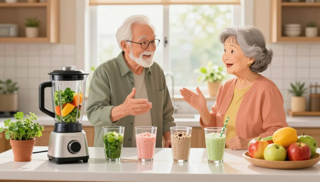 A bright and inviting kitchen setting featuring a well-organized countertop with several protein shake ingredients laid out in a neat arrangement. In the foreground, a clear blender is filled with brightly colored fruits, leafy greens, and protein powder, suggesting a healthy shake option. In the middle, an elderly man and woman—dressed in comfortable yet modest casual clothing—are discussing and sharing ideas about their personalized protein shakes, conveying a sense of community and support. The background showcases natural light filtering through a window, creating a warm and welcoming atmosphere. A few potted herbs and a bowl of fresh fruits are visible, enhancing the homey feel. The overall mood is friendly and informative, emphasizing the importance of tailored dietary needs for seniors.