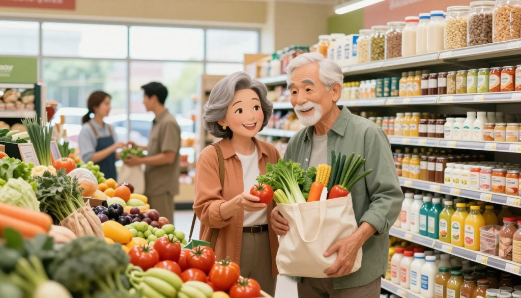 A bright, inviting grocery store interior bustling with activity. In the foreground, a cheerful senior couple, dressed in smart casual attire, is examining fresh produce. The man holds a reusable shopping bag filled with colorful vegetables, while the woman selects ripe tomatoes from a display. In the middle ground, well-organized shelves feature grains, canned goods, and dairy products, with a clear focus on healthy options. The background showcases bright, natural lighting streaming through large windows, creating a welcoming atmosphere. A friendly store employee assists another shopper nearby, emphasizing community and support. The overall mood is warm and encouraging, perfect for highlighting smart grocery shopping for meal prep.