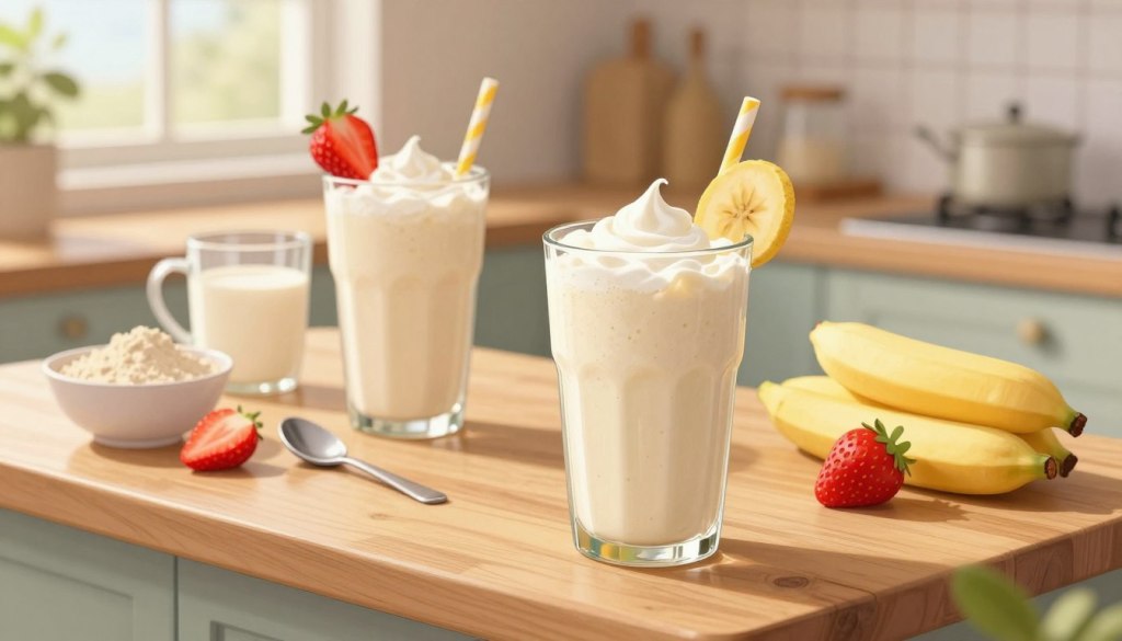 A bright, inviting kitchen scene featuring two protein shakes placed prominently on a wooden countertop, each with vibrant fruit garnishes like strawberries and bananas. In the foreground, a close-up of a glass filled with a creamy, textured shake, with a subtle swirl on top. In the middle ground, a cup and a spoon resting beside a small bowl of protein powder and fresh ingredients, illustrating preparation. The background showcases soft, natural lighting filtering through a window, creating a warm, calming atmosphere that suggests health and vitality. Ensure the setting is tidy and homey, presenting the shakes as a daily nutritional choice for seniors, evoking a sense of comfort and well-being.