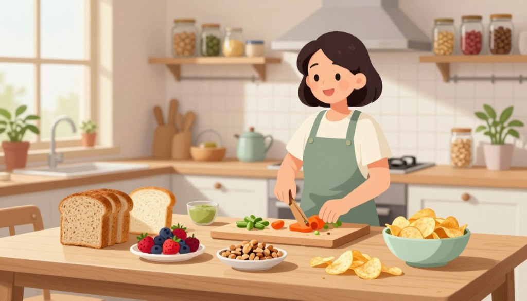 A bright, inviting kitchen scene showcasing a wooden table with a variety of healthy food swaps. In the foreground, there’s a colorful display of items like whole grain bread next to white bread, fresh berries beside sugary snacks, and a bowl of mixed nuts next to potato chips. The middle ground highlights a friendly, middle-aged woman in modest casual clothing, happily preparing a meal. Subtle natural light filters in through a window, creating a warm atmosphere. In the background, kitchen shelves are organized with jars of healthy ingredients and a few potted herbs. The composition is clean and minimalistic, emphasizing the simplicity and accessibility of making healthy dietary changes.