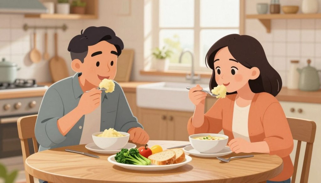 A bright, inviting kitchen setting with a warm atmosphere showcasing two adults enjoying a meal together. In the foreground, focus on a middle-aged man and woman sitting at a round wooden table, both dressed in smart casual clothing. They are smiling and engaged in the meal, with the man taking a bite of soft mashed potatoes while the woman sips from a bowl of creamy soup, highlighting the ease of chewing and swallowing. In the middle ground, a beautifully arranged plate with various easy-to-eat foods like steamed vegetables, soft bread, and ripe fruits. The background features cozy kitchen decor, with natural sunlight streaming through a window, creating a welcoming and friendly environment. Use a soft-focus lens to enhance warmth and intimacy in the image. A bright, inviting kitchen setting with a warm atmosphere showcasing two adults enjoying a meal together. In the foreground, focus on a middle-aged man and woman sitting at a round wooden table, both dressed in smart casual clothing. They are smiling and engaged in the meal, with the man taking a bite of soft mashed potatoes while the woman sips from a bowl of creamy soup, highlighting the ease of chewing and swallowing. In the middle ground, a beautifully arranged plate with various easy-to-eat foods like steamed vegetables, soft bread, and ripe fruits. The background features cozy kitchen decor, with natural sunlight streaming through a window, creating a welcoming and friendly environment. Use a soft-focus lens to enhance warmth and intimacy in the image.