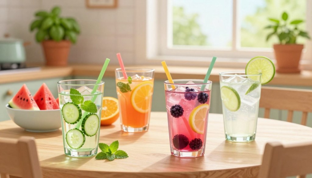 A bright, inviting kitchen table set for summer, featuring a selection of hydrating beverages for seniors. In the foreground, an assortment of colorful drinks in clear glasses: a refreshing cucumber and mint water, vibrant berry-infused lemonade, and a glass of coconut water with a slice of lime. The middle ground shows a beautiful bowl of fresh fruits like watermelon and oranges, emphasizing natural hydration. Soft, natural lighting streams in from a nearby window, creating a warm and welcoming atmosphere. A gently blurred background shows potted herbs, like basil and mint, adding freshness to the scene. The mood is friendly and cheerful, encouraging healthy hydration choices for seniors. The composition is simple, with no text or distractions, focusing on the beverages and fruits.