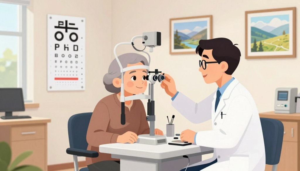 A bright, welcoming optometry office featuring a comprehensive eye exam setup. In the foreground, a well-dressed optometrist, wearing a white lab coat and glasses, carefully conducts an eye exam for an older adult patient seated comfortably, showcasing a friendly interaction. The middle ground includes an eye chart on the wall, a phoropter, and various eye care instruments on a sleek, modern examination table. Soft, natural lighting floods the room through a large window with sheer curtains, creating an inviting atmosphere. The background features framed images of scenic landscapes, reinforcing a theme of wellness and clarity. The overall mood is supportive and professional, emphasizing the importance of eye care in maintaining healthy vision in aging.