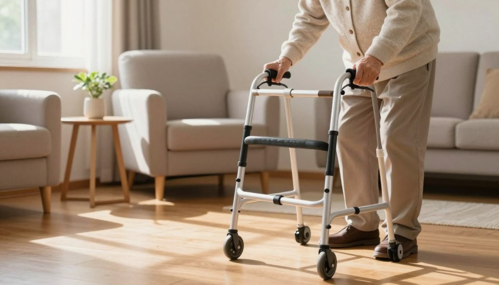 A brightly lit elderly living space, featuring a stylish cane and a contemporary walker prominently displayed in the foreground on a polished wooden floor. In the middle ground, a cozy armchair sits beside a small table with a decorative plant, illustrating a warm, inviting atmosphere. Soft sunlight filters through a window in the background, casting gentle shadows and enhancing the tranquil mood of the scene. The surroundings are minimal yet thoughtfully arranged, showcasing a sense of dignity and support. The overall color palette is warm and neutral, conveying a friendly and approachable vibe, free of clutter. The image evokes a sense of understanding and respect for mobility assistance tools without any negative connotations. A brightly lit elderly living space, featuring a stylish cane and a contemporary walker prominently displayed in the foreground on a polished wooden floor. In the middle ground, a cozy armchair sits beside a small table with a decorative plant, illustrating a warm, inviting atmosphere. Soft sunlight filters through a window in the background, casting gentle shadows and enhancing the tranquil mood of the scene. The surroundings are minimal yet thoughtfully arranged, showcasing a sense of dignity and support. The overall color palette is warm and neutral, conveying a friendly and approachable vibe, free of clutter. The image evokes a sense of understanding and respect for mobility assistance tools without any negative connotations.