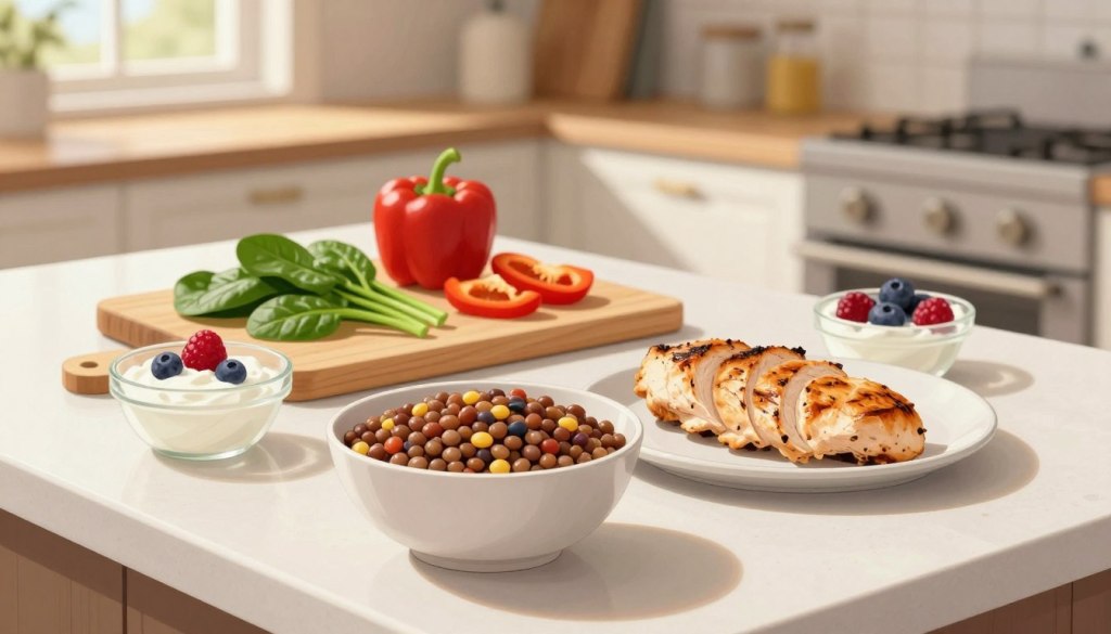 A clean and inviting kitchen countertop, featuring a variety of high-protein foods arranged artfully. In the foreground, a bowl filled with colorful, cooked lentils, beside it a plate of grilled chicken breast slices, and a small dish of Greek yogurt garnished with fresh berries. In the middle ground, a cutting board with chopped vegetables like spinach and bell peppers, emphasizing easy preparation. The background shows a softly lit kitchen with warm, natural light streaming from a nearby window, creating a cozy atmosphere. The overall mood is serene and wholesome, highlighting the importance of nutritious meals. The scene is captured from a slightly elevated angle, focusing on the textures and colors of the food to evoke a sense of health and vitality. A clean and inviting kitchen countertop, featuring a variety of high-protein foods arranged artfully. In the foreground, a bowl filled with colorful, cooked lentils, beside it a plate of grilled chicken breast slices, and a small dish of Greek yogurt garnished with fresh berries. In the middle ground, a cutting board with chopped vegetables like spinach and bell peppers, emphasizing easy preparation. The background shows a softly lit kitchen with warm, natural light streaming from a nearby window, creating a cozy atmosphere. The overall mood is serene and wholesome, highlighting the importance of nutritious meals. The scene is captured from a slightly elevated angle, focusing on the textures and colors of the food to evoke a sense of health and vitality.