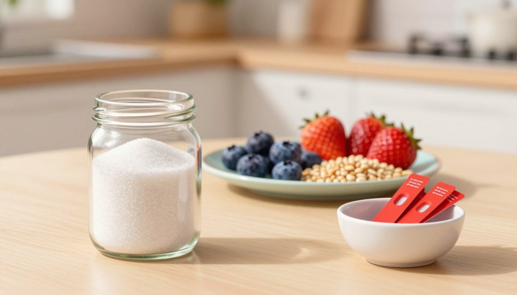 A clean and minimal kitchen table setting featuring a clear glass jar filled with white granulated sugar and a small bowl of vibrant red blood glucose test strips. In the foreground, the sugar jar sparkles gently under soft, warm lighting, inviting a sense of caution. In the middle ground, focus on a colorful plate displaying fresh fruits like blueberries, strawberries, and a small portion of whole grains, symbolizing healthier meal choices. The background is softly blurred, showcasing a blurred kitchen environment with light wood cabinetry. The overall atmosphere conveys a friendly and informative mood, emphasizing a theme of mindful eating for health management.