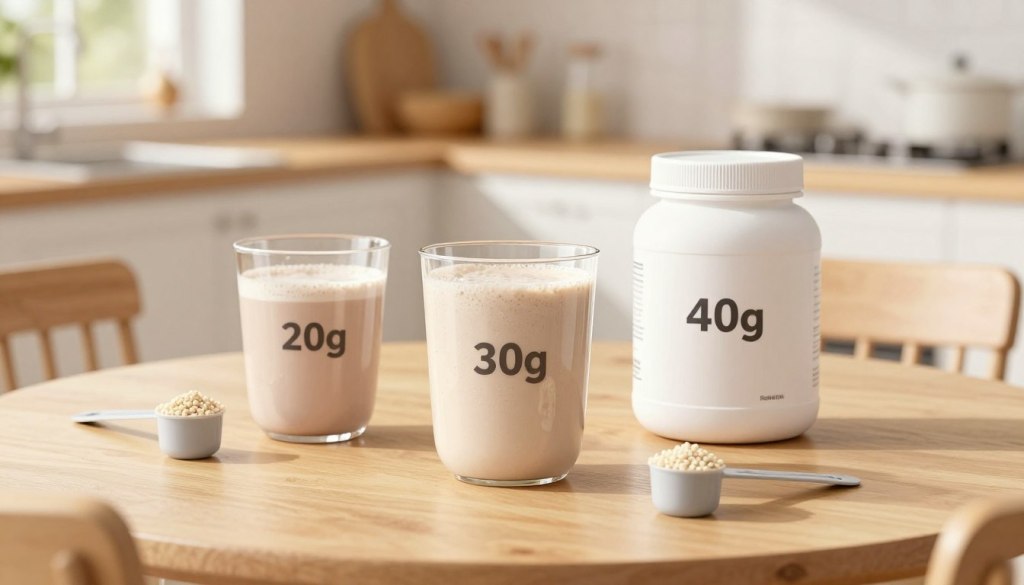 A clean and minimalistic tabletop scene focusing on protein shake servings tailored for seniors. In the foreground, three different protein shake containers, each labeled with clear, readable serving sizes (20g, 30g, 40g). Surround them with measuring scoops showing accurate portions. In the middle, a light-colored wooden table, with a peaceful, natural setting. In the background, a softly blurred image of a cozy kitchen, bathed in warm natural sunlight pouring through a window, creating a friendly and inviting atmosphere. Aim for a shallow depth of field to draw the viewer's attention to the shakes. The overall mood should be uplifting and informative, reflecting health and wellness, with no text or distractions.