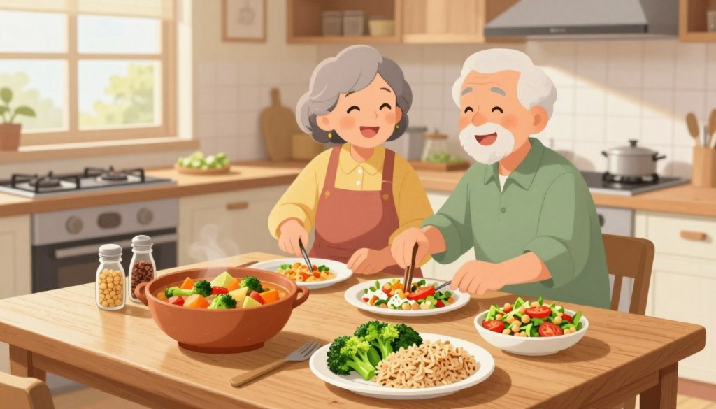 A clean, inviting kitchen scene showcasing a variety of budget meals for seniors made from healthy staples. In the foreground, a rustic wooden table displays a colorful assortment of dishes, including a hearty vegetable stew, a plate of brown rice with steamed broccoli, and a fresh salad with chickpeas and tomatoes. The middle background features an elderly couple, dressed in modest casual clothing, smiling and happily preparing food together, emphasizing companionship and healthy eating. Soft, natural lighting streams in from a window, creating a warm and welcoming atmosphere. The cooktop is clutter-free, with a few essential spices and ingredients neatly arranged, reinforcing the theme of simplicity and affordability in meal preparation. A clean, inviting kitchen scene showcasing a variety of budget meals for seniors made from healthy staples. In the foreground, a rustic wooden table displays a colorful assortment of dishes, including a hearty vegetable stew, a plate of brown rice with steamed broccoli, and a fresh salad with chickpeas and tomatoes. The middle background features an elderly couple, dressed in modest casual clothing, smiling and happily preparing food together, emphasizing companionship and healthy eating. Soft, natural lighting streams in from a window, creating a warm and welcoming atmosphere. The cooktop is clutter-free, with a few essential spices and ingredients neatly arranged, reinforcing the theme of simplicity and affordability in meal preparation.