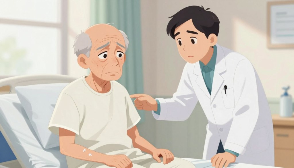 A clinical setting depicting an elderly person showing signs of dehydration and confusion. In the foreground, a frail senior man with thin skin and dark circles under his eyes, sitting on a hospital bed with a look of bewilderment. He is wearing a simple, light-colored hospital gown. In the middle ground, a healthcare professional—dressed in a clean, white lab coat—leans in to assess the patient, with a concerned expression. The background features soft, diffused natural light coming through a window, casting gentle shadows, creating a calm atmosphere. The overall tone is serious yet compassionate, focusing on the impact of dehydration on cognitive function and health. No text or overlays present.