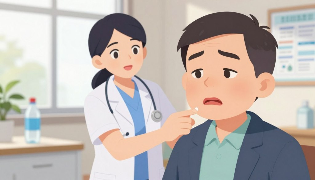 A close-up composition emphasizing the signs of dehydration in a professional healthcare setting. In the foreground, a concerned middle-aged individual is subtly exhibiting signs of dehydration, such as dry lips and slightly sunken eyes, dressed in a smart-casual outfit. In the middle ground, a healthcare professional is depicted providing assistance, showcasing a caring demeanor. The background features soft, natural lighting filtering through a window, illuminating a clean, modern examination room with medical instruments and informative brochures about hydration. The mood is calm yet alert, underscoring the importance of recognizing dehydration symptoms. The image should be bright and inviting, creating a friendly atmosphere that invites viewers to take hydration seriously. A close-up composition emphasizing the signs of dehydration in a professional healthcare setting. In the foreground, a concerned middle-aged individual is subtly exhibiting signs of dehydration, such as dry lips and slightly sunken eyes, dressed in a smart-casual outfit. In the middle ground, a healthcare professional is depicted providing assistance, showcasing a caring demeanor. The background features soft, natural lighting filtering through a window, illuminating a clean, modern examination room with medical instruments and informative brochures about hydration. The mood is calm yet alert, underscoring the importance of recognizing dehydration symptoms. The image should be bright and inviting, creating a friendly atmosphere that invites viewers to take hydration seriously.