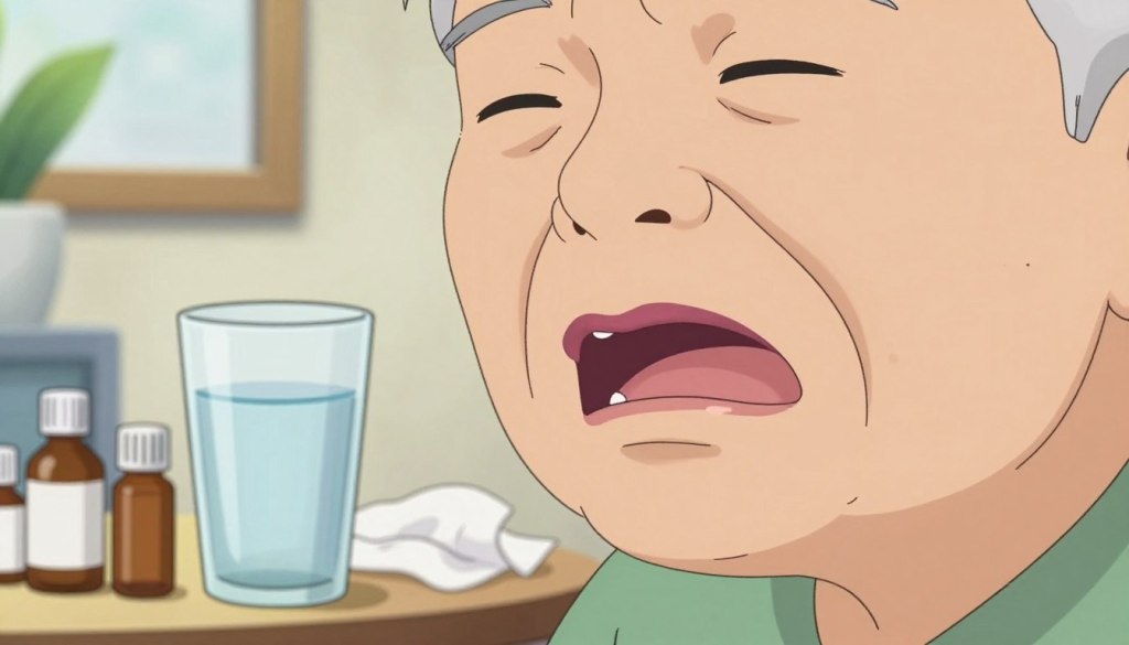 A close-up image illustrating the complications of dry mouth in seniors. In the foreground, focus on an elderly person’s lips appearing dry and chapped, with a subtle expression of discomfort. In the middle ground, show a glass of water, a few medication bottles, and a soft tissue, hinting at hydration and health care. The background should feature a calm, well-lit room with soft, natural lighting to create a serene atmosphere, evoking a sense of care and concern. The angle should be slightly elevated, capturing the elderly person’s face and the items in the scene, enhancing the emotional weight of the discussion about low saliva production and its implications on daily living. Aim for a friendly, compassionate mood that encourages awareness and understanding.