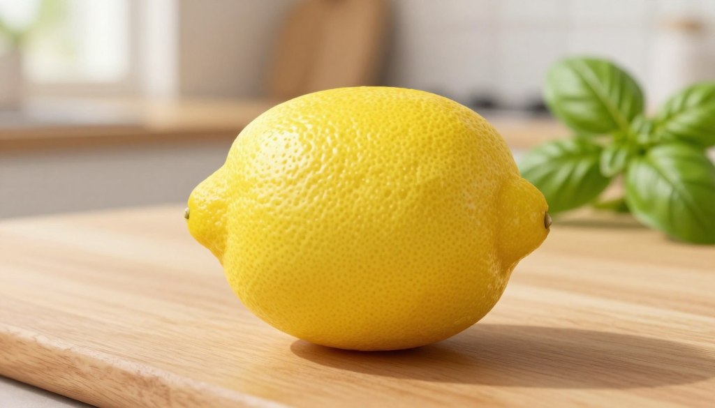 A close-up image of a fresh, vibrant lemon sitting on a simple wooden kitchen table. The lemon should be perfectly ripe, with a glossy texture highlighting its vibrant yellow color and dimples on its skin. In the background, softly blurred, are hints of fresh herbs like basil and parsley to suggest a healthy culinary setting. The lighting should be warm and natural, coming from a gentle side window, emphasizing the lemon’s freshness and zest. This image should evoke a feeling of health and simplicity, inviting viewers to imagine refreshing tastes in heart-healthy meals. The composition should be clean and minimal, focusing solely on the lemon and herbs, without any distracting elements or text.