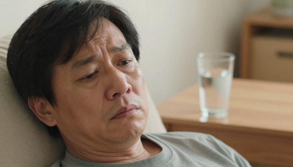 A close-up of a middle-aged person sitting comfortably at home, appearing slightly weary and dry, showing mild to moderate dehydration signs like chapped lips and dull skin tone. The foreground emphasizes their tired eyes and gently furrowed brow, reflecting concern. In the middle ground, a glass of water sits on a nearby table, hinting at hydration aid. The background features a softly lit room filled with warm, natural light, creating a cozy yet serious atmosphere. The angle is slightly from above, focusing on the subject's face and the glass of water, evoking a mood of gentle urgency and care. The person is dressed in casual but modest clothing, portraying a relatable, everyday setting.