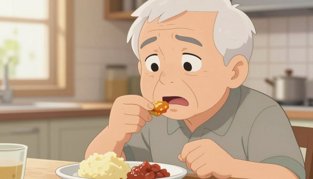 A close-up of a senior's face showing subtle signs of dysphagia. The elderly person, dressed in modest casual clothing, appears concerned while attempting to swallow a small morsel of food, depicted in soft focus. Their expressive eyes reflect distress, hinting at difficulty. In the foreground, a plate with soft, safe foods like mashed potatoes and applesauce is visible, highlighting appropriate dietary options. The background features a softly lit kitchen setting, creating a warm, inviting atmosphere, with natural light filtering through a window. The overall mood emphasizes the importance of recognizing dysphagia signs, with a focus on warmth and empathy, ensuring a friendly and helpful presentation. A close-up of a senior's face showing subtle signs of dysphagia. The elderly person, dressed in modest casual clothing, appears concerned while attempting to swallow a small morsel of food, depicted in soft focus. Their expressive eyes reflect distress, hinting at difficulty. In the foreground, a plate with soft, safe foods like mashed potatoes and applesauce is visible, highlighting appropriate dietary options. The background features a softly lit kitchen setting, creating a warm, inviting atmosphere, with natural light filtering through a window. The overall mood emphasizes the importance of recognizing dysphagia signs, with a focus on warmth and empathy, ensuring a friendly and helpful presentation.